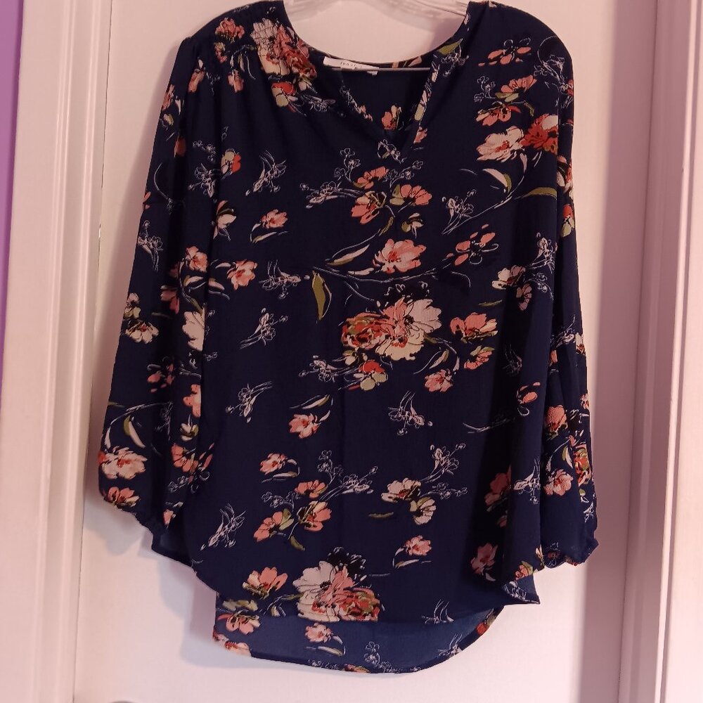 Women's Fun2Fun Kenmore Blue Floral Boho Blouse Size Small